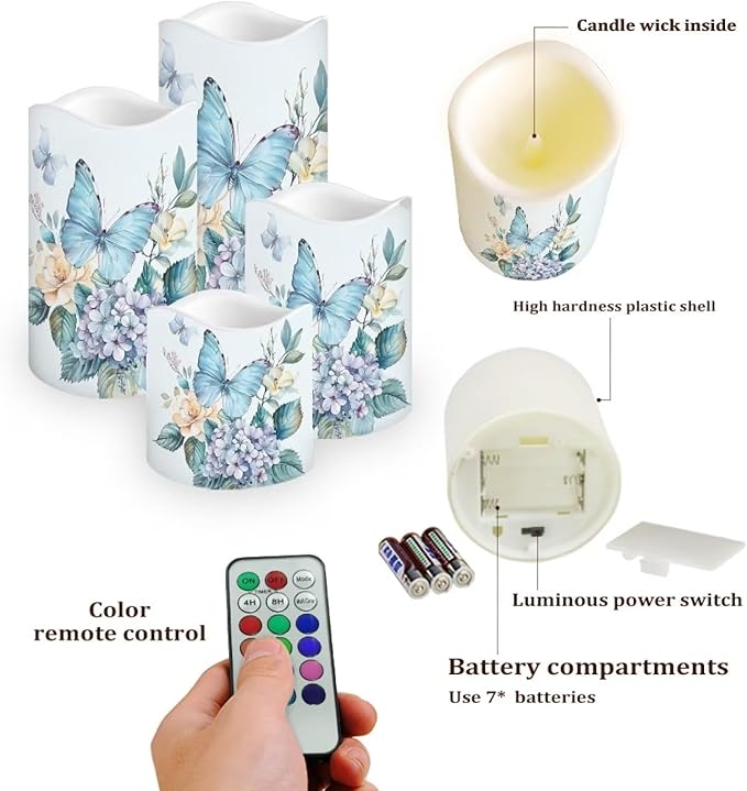 Blue Butterfly Pillar Candles Bulk Led Flameless Battery Operated Candles with Timer Remote Color Changing Electric Fake Candles for House Warming Home Decorations Set of 4