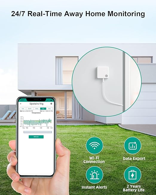 MOCREO WiFi Thermometer Freezer Alarm, Email Alert, App Notification, Data Record Export, No Subscription Fee, 2 Remote Wireless Temperature Sensors for Refrigerator, Freezer, Hot Tub