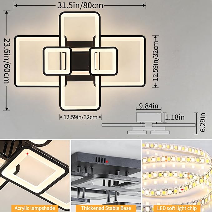 Modern LED Ceiling Light Fixture Black Kitchen Lighting Fixtures Ceiling for Bedroom 31.5" Dimmable 6 Ring Square Ceiling Light for Kitchen with Remote Control for Living Room,Dining Room