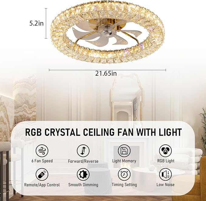 RGB Ceiling Fans with Lights, 22" Low Profile Ceiling Fan with Lights Remote for Bedroom,Smart Bladeless LED Fan Light,Gold Modern Flush Mount Ceiling Fan Light with Remote/APP Control