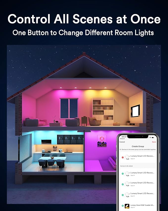 Lumary Smart WiFi LED Recessed Lighting 6 Inch with Remote, RGBWW Canless Ceiling Lights with Anti-Glare Metal Trim & J-Box, Compatible with Alexa/Google, 13W 1000Lm, 4Pack