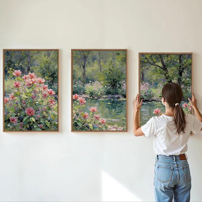 YeeHomedec Monet Botanical Framed Canvas Wall Art Set, Impressionist Floral Garden Wall Decor, Vintage Pond Tree Artwork, Nature Landscape Art Paintings for Living Room Bedroom Bathroom 24"x36"x3