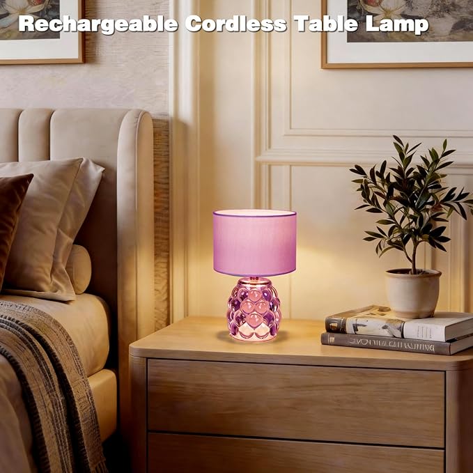 MJ PREMIER Rechargeable Table Lamp Dimmable Purple Cordless Lamps with 3 Color Wireless Portable Battery Operated LED Desk Lamp with USB-C for Bedroom, Nightstand, Office, Emergency Light