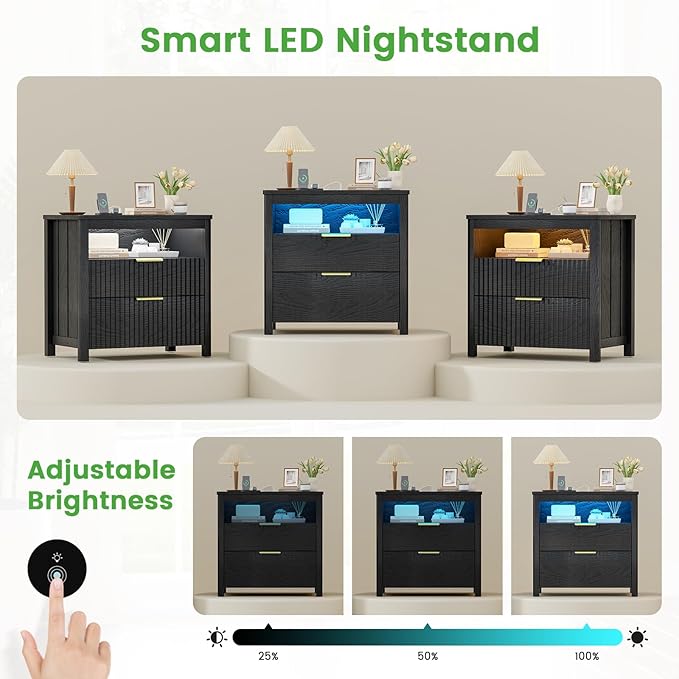 HNEBC Nightstand with Gun Drawer for Bedroom,Black Night Stand with Hidden Compartment, Auto LED Lighted, Charger Station, 2 Drawer, 23.6" Wider Bedside Table for Dorm,Sofa,Office