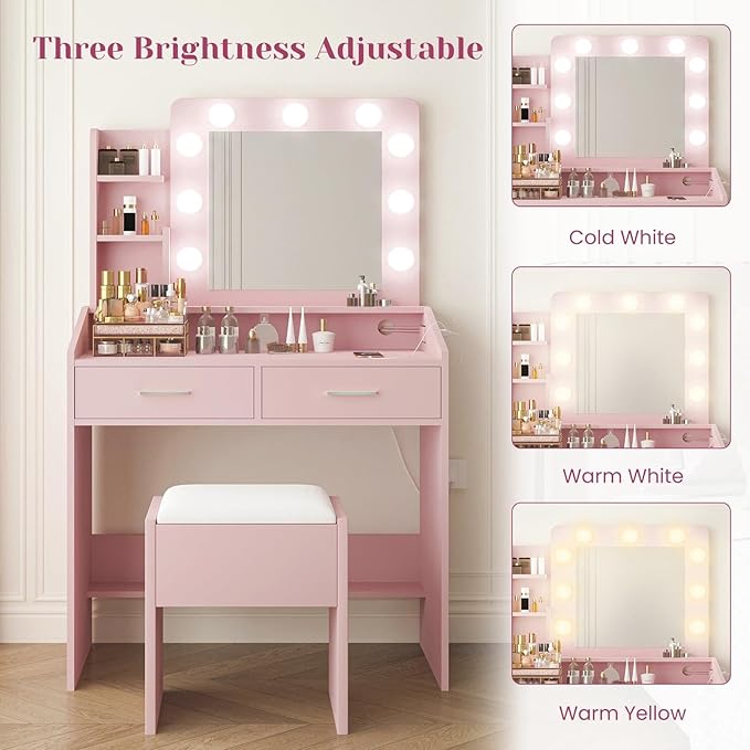 Vanity Desk with Lights and Mirror - Makeup Vanity Set with Power Outlet & USB Ports, 3 Lighting Modes, Adjustable Brightness, Includes 2 Drawers and Cushioned Stool, Small Dressing Table for Bedroom