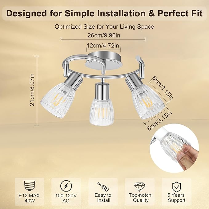 HiBay 3-Light Ceiling Light Fixture, Directional Modern Chrome Track Lighting w/Glass Shades, Flush Mount Ceiling Spotlight Indoor for Kitchen, Bedroom, Living Room, E12 Base, No Bulbs
