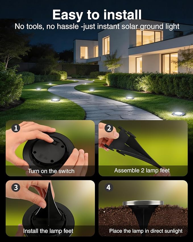 4.6 Inch Solar Ground Lights 12 Pack, Solar Lights Outdoor Waterproof, Solar Garden Lights Outdoor Landscape Lighting for Pathway Walkway Patio Yard Driveway, Cool White