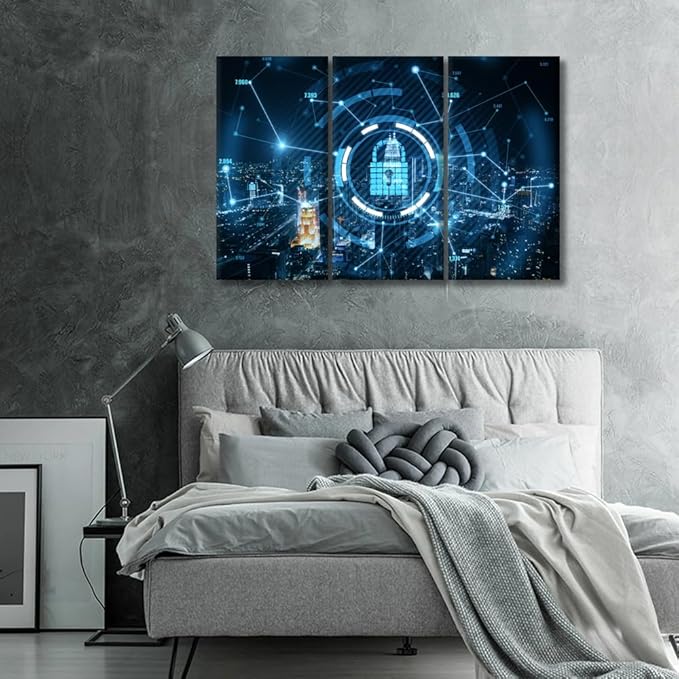 3 Panel Canvas Wall Art Blue Keylock Hologram with Dark Night City View Posters and Prints,Artwork for Home Office Wall Decoration, Framed Gallery-Wrapped Ready to Hang, 20x40inchx3