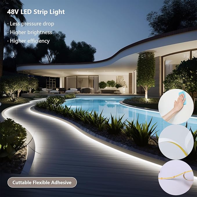 48V Outdoor LED Strip Lights Waterproof, 65.6ft 150W 4000K Natural White Dimmable LED Tape Light Cuttable with Power Supply for Bedroom Ceiling Garden Living Room Commercial House