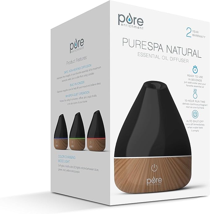 Pure Enrichment PureSpa Natural Aromatherapy Oil Diffuser (Black) - Ultrasonic Air Deodorizer with 200ml Water Tank, Wood-Grain Accents, Soft Color-Changing Lights, and Auto Safety Shut-Off