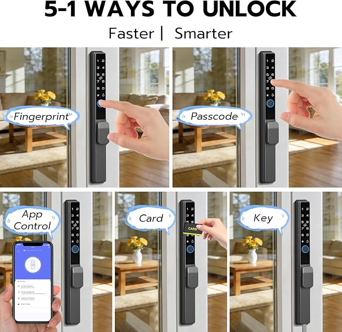 Sliding Door Lock, Smart Door Lock with Fingerprint RFID Keypad Bluetooth App Control, Electronic Biometric Digital Code with Double Hook for Thickness 22~110mm, Keyless Entry Patio Door Lock