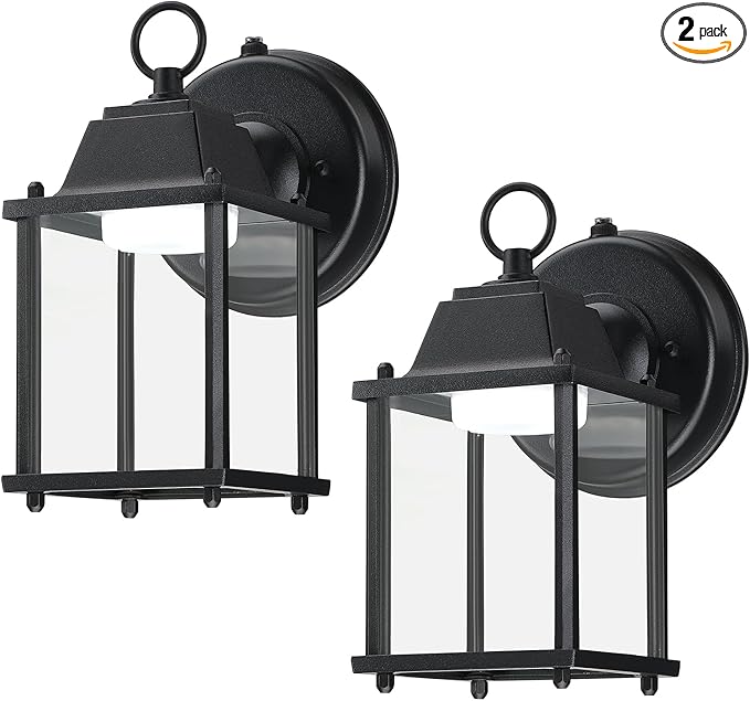 LIT-PaTH Dusk to Dawn Outdoor Wall Lantern, LED Wall Sconce, 5000K Daylight White, 9.5W, 800 Lumen, Aluminum Housing Plus Glass, Outdoor Rated, 2-Pack, Black