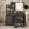 Black Vanity Desk Set with Led Mirror,Makeup Vanity Table with Power Strip,Dressing Table with Stool & Lots Drawers,3 Lighting Color Mirror,Brightness Adjustable
