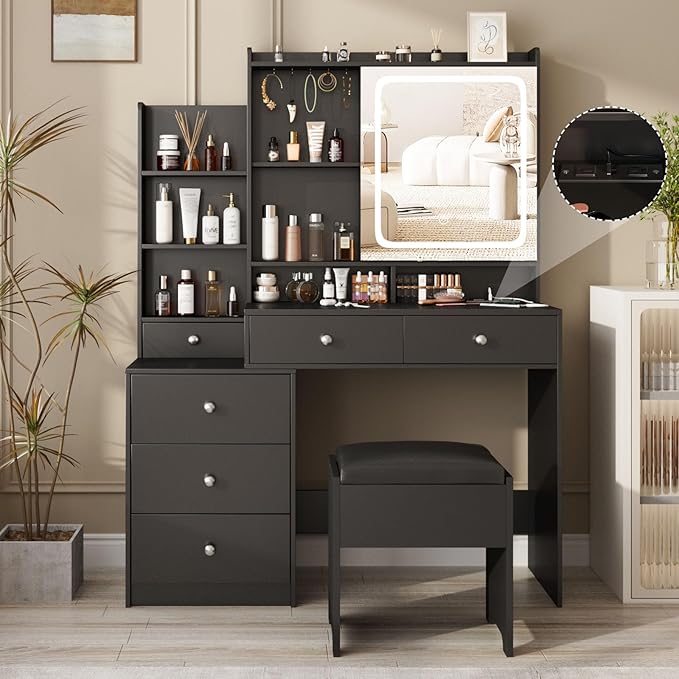 Black Vanity Desk Set with Led Mirror,Makeup Vanity Table with Power Strip,Dressing Table with Stool & Lots Drawers,3 Lighting Color Mirror,Brightness Adjustable