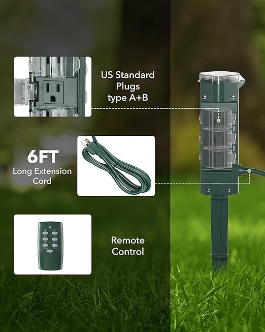 HBN Outdoor Power Strip Timer with Photocell Remote Control,Yard Stake Countdown (2,4,6,8 Hour),Weatherproof Outside Timer Dusk to Dawn for Halloween/Christmas Lights,6 Outlets,6ft Cord
