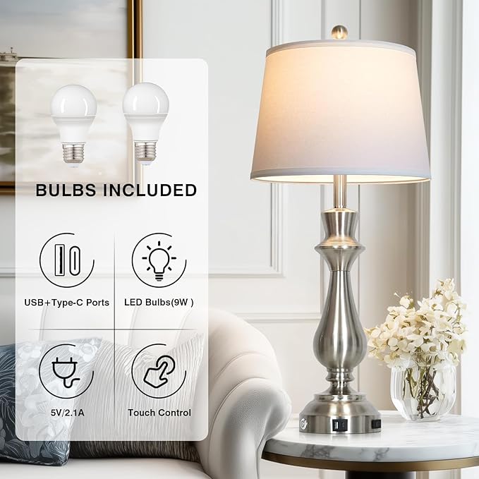 Silver Touch Lamps for Night Stands Set of 2-29.5" Tall Bedside Lamp with USB C+A, 3 Way Dimmable Bedroom Lamps, Brushed Nickel Table Lamps for Living Room