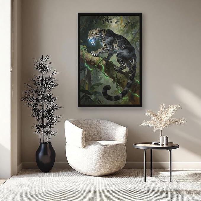 Framed Steampunk Mechanical Leopard Wall Art - Jungle Futuristic Beast Poster for Man Cave Living Room Decor 08x12in