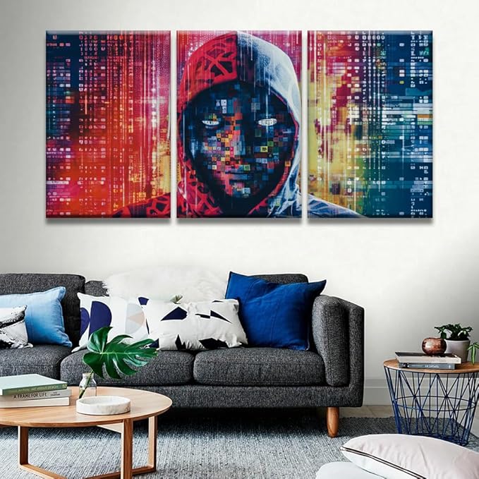 LSIUHWUWI Wall Decor 3 Panels Modern Wall Art Hacker in Mask on Dark Background with Digital Effects Pictures Print on Canvas for Home Wall Decorations, Ready to Hang, 16x24inchx3
