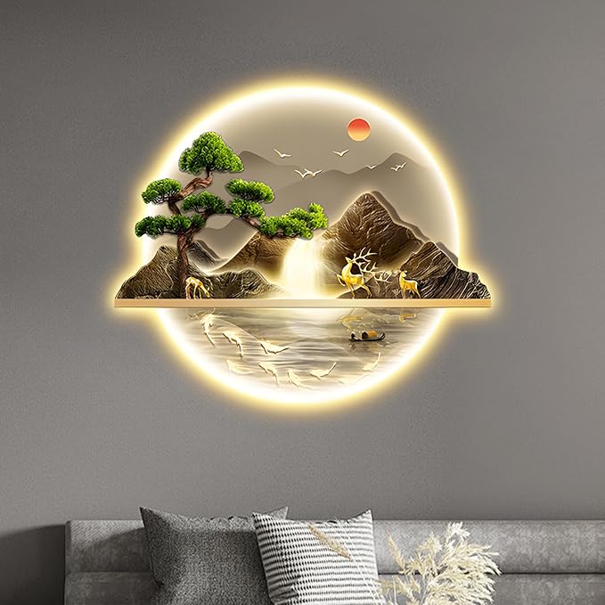 Zen Wall Art Decor with Led Light, Welcoming Pine Wall Decor Art, 3D Wall Sculpture Painting Decoration, Landscape Wall Sculptures for Living Room Bedroom Entrance (A, 60×72cm)
