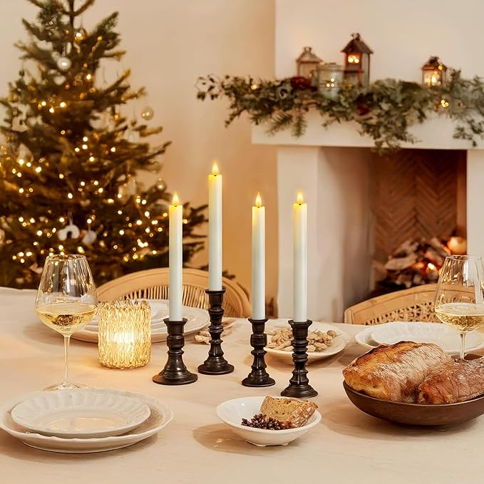 12 Pcs Flameless Taper Candles with Remote Timer, Battery Operated Window Candles, White Plastic LED Candlesticks, for Wedding Halloween Christmas Church Decor, 9.6 inches