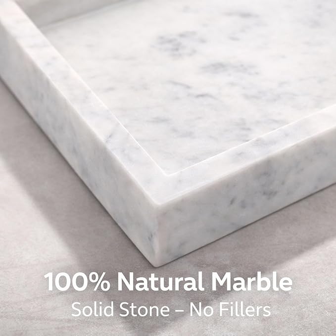 Natural White Marble Tray for Bathroom | Kitchen | Vanity | Desktop, Stone Organizer for Coffee Table, Dresser, Nightstand, Candles, Soap, Towel, Plant, Jewelry (12" x 8"), Rectangular