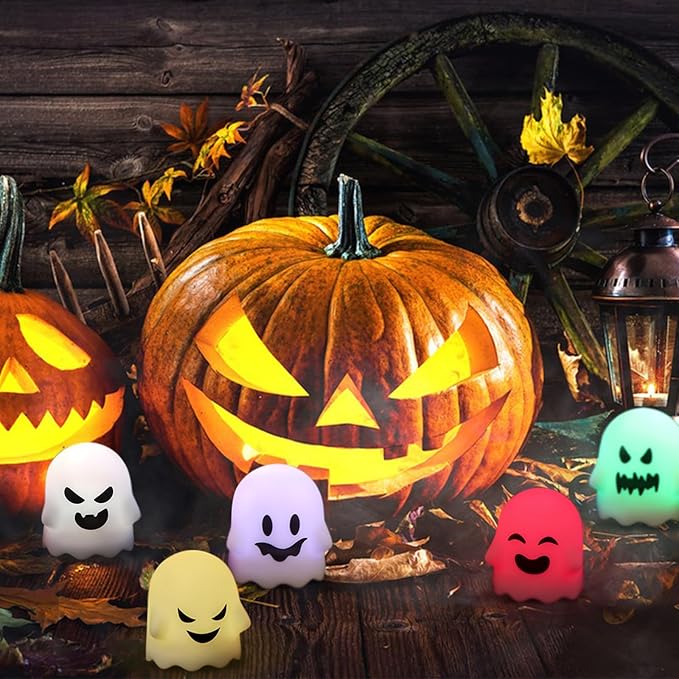 Ghost Halloween Decorations Flameless Candles with Remote Timer, 6 Pack Grimace Ghost Candles Tea Lights Battery Operated LED 12 Color Changing Candles for Halloween Decor