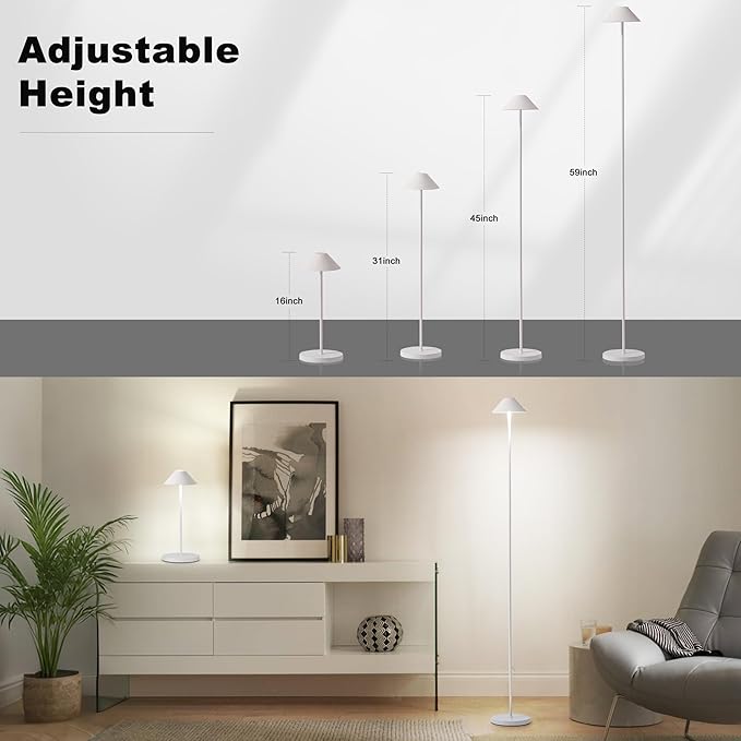 Rechargeable Floor Lamp for Indoor/Outdoor, Cordless Tall Standing Lamp with 3 Color Temps & Dimmable, IP43 Waterproof, Adjustable Height 16-59 Inch, LED Floor Lamp for Living Room,Patio(White)