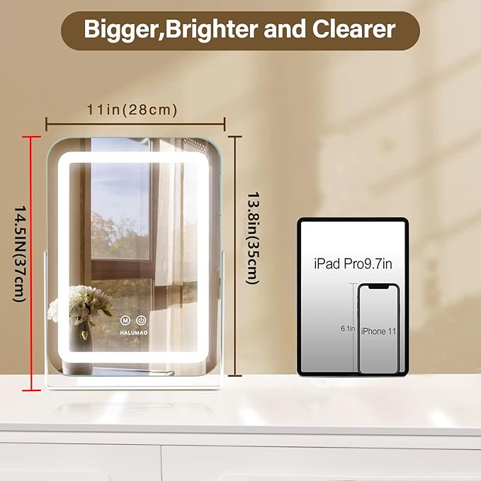 14.5" Rechargeable Vanity Mirror with Lights, 3500 mAh Lighted Makeup Mirror, Smart Touch 3 Colors Dimmable, Tabletop Mirror for Makeup Desk, Memory Function