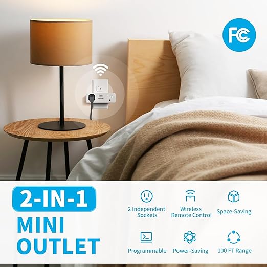 Remote Control Outlet with 2 Independent Control Sockets, Wireless Remote Light Switch Set, Remote Outlet Plug Up to 100 FT Range, 15A/1875W, White (1 Outlet + 1 Remote)