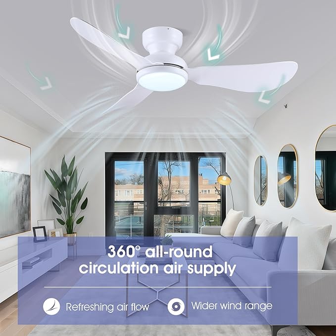 46 Inch Ceiling Fans with Lights, Small Flush Mount Ceiling Fan, Remote/APP Control, 3 Reversible Curved Blades, 6 Speeds, 3 CCT Dimmable Lights for Bedroom, White