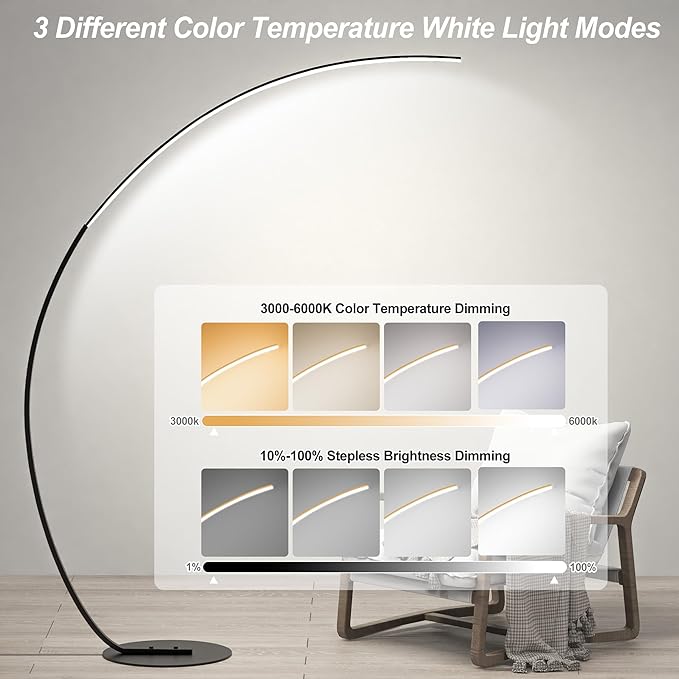 E.P. Light RGBW Modern 69.99 inch Arched Standing Reading Floor Lamp with Remote - Dimmable Black Led Color Changing Curved Ambient Lighting for Bedroom and Living Room