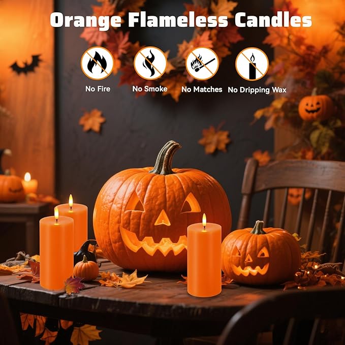 Orange Flameless Candles, Set of 2 7"x3" Flickering LED Candles with Remote & Timer, Dimmable Electric Pillar Candles Battery Operated, Candles Light for Fall Thanksgiving Halloween Decor (Orange)