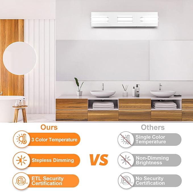 3 Color Temperature Dimmable Bathroom Light Fixtures over Mirror, LED Chrome 3 Light Vanity Lighting Fixtures, Acrylic Stainless Steel Square Shade Vanity Lights for Bathroom, ETL Certificated