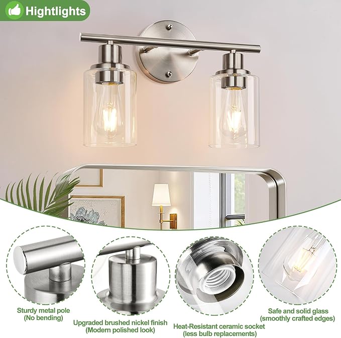 2-Light Bathroom Light Fixtures, Brushed Nickel Vanity Light, Modern Vanity Lights with Clear Glass Shade, Bathroom Wall Lamp for Mirror Kitchen Living Room Hallway Cabinet Porch
