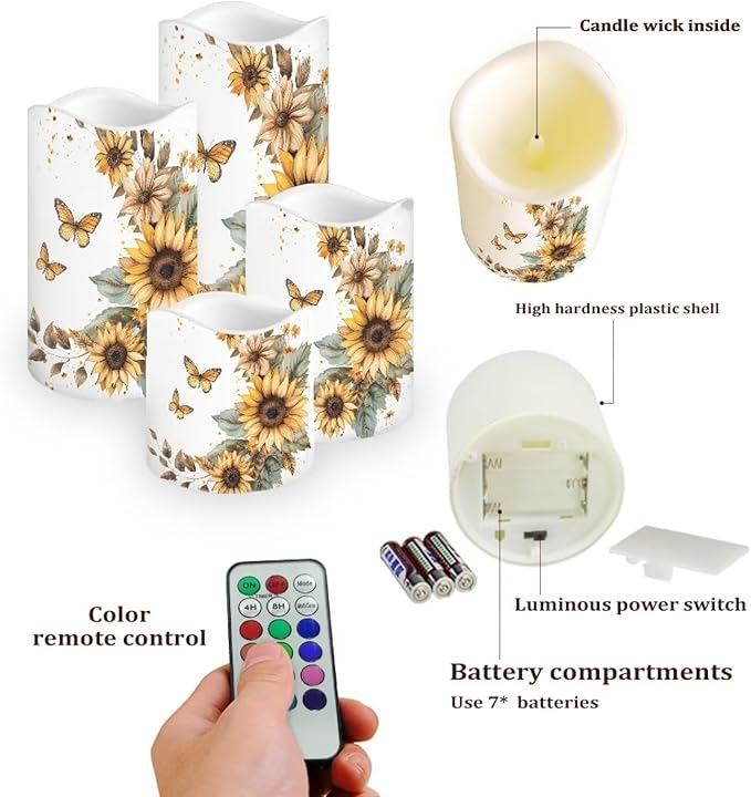 Sunflower Moon Flameless Candles Bulk Timer Battery Operated Candles with Remote Color Changing Electric Pillar Led Candles Room Home Dining Table Decorations Tea Light