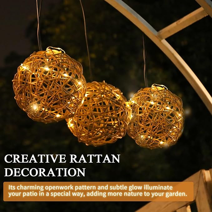Solar Pendant Lights Outdoor Chandelier 7.5" Outdoor Rattan Solar Fairy String Hanging Lights Ball with Remote 4 Modes Lighting Waterproof Rattan Lantern Lighted Orb for Garden Porch Patio