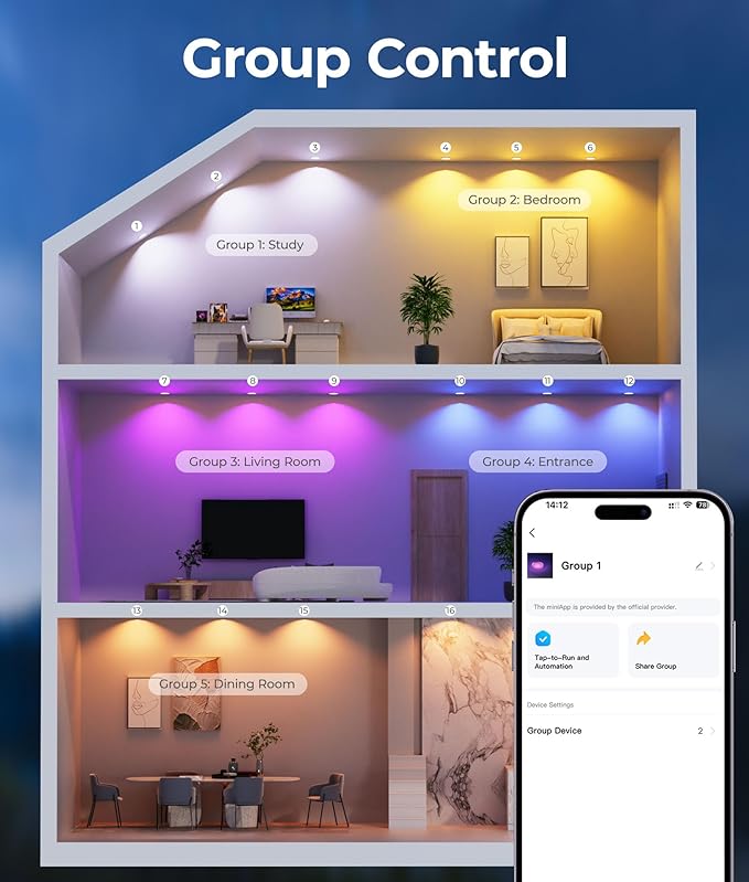 LED Recessed Lighting 6 Inch with App & Voice Control, 1200LM RGBCW Smart Ceiling Light Compatible with Alexa & Google, Dimmable Canless Recessed Light with Timer Music Sync, 6 Pack