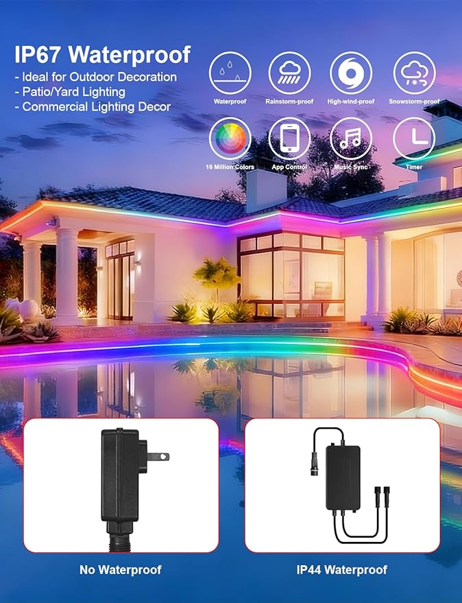 80ft/24m COB LED Strip Lights Outdoor, Smart RGB IC IP67 Waterproof Dimmable Color Changing Tape Light with App Remote Control & Music Sync, for Eave, Patio, Pool & Party DIY Decorations(2 Rolls)