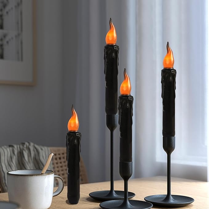 Black Flameless Short Taper Candles, Real Wax Hand Dipped LED Battery Operated with Remote, Flickering Flame Lights for Festival Party Home Décor, 6.7 Inch Primitive Flameless Candles, 2PCS