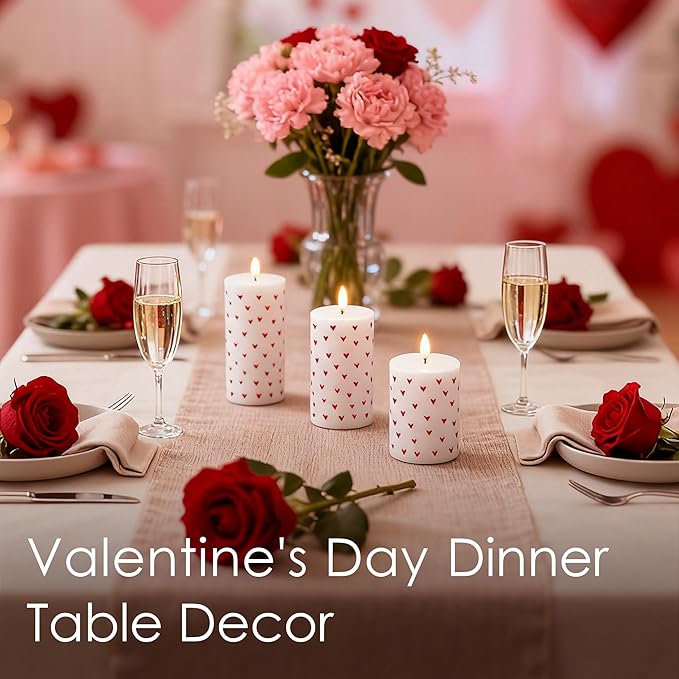 Flameless Candles with Remote, Battery Operated Pillar Candles for Valentine's Day Decoration Real Wax Electirc LED Candles for Romantic Home Table Centerpiece Decor Set of 3