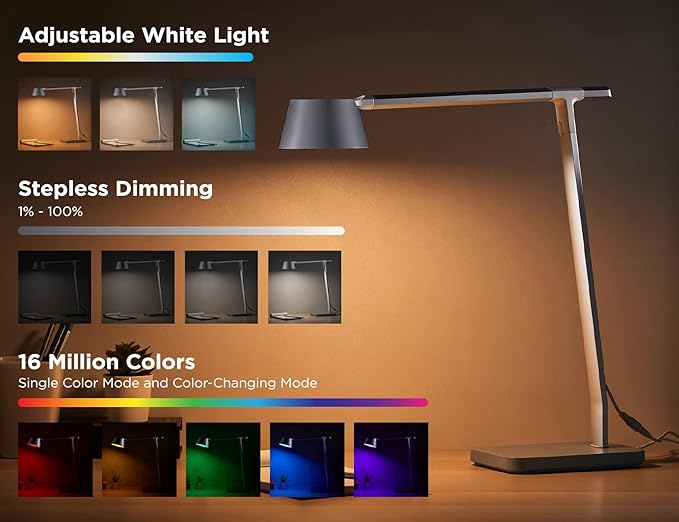 BLACK+DECKER Verve Designer Desk Lamp with USB Charging Port, True White LED + 16M RGB Colors