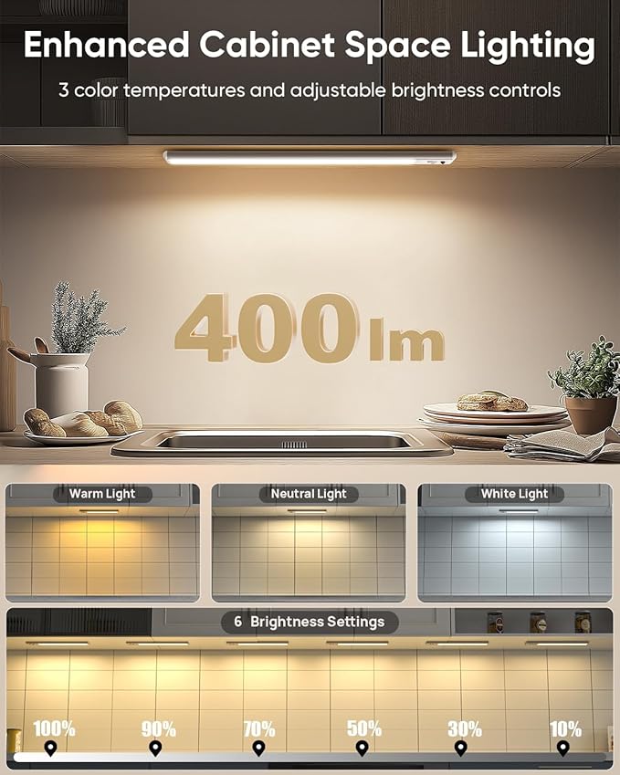 Under Cabinet Lighting Wireless, Rechargeable LED Motion Sensor Light Indoor, Closet Lights with Remote, Timer, 3 Color Temps & Dimmable Magnetic Under Counter Lights for Kitchen, Stairs, 6 Pack