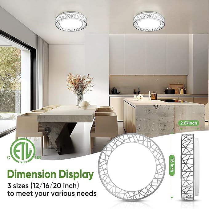 16 Inch Flush Mount Ceiling Light, Modern Brushed Nickel LED Ceiling Light Fixture, 28W 2800LM 2700-6500K Adjustable, Dimmable Ceiling Lights for Bedroom, Kitchen, Hallway, Bathroom, ETL