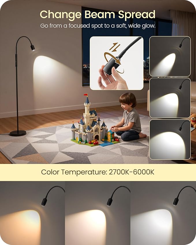 Reading Floor Lamp, 74.2" Tall LED Lamp, with 360° Flexible Gooseneck & Touch & Remote Control, Ajustable Color & Beam, Crafts Standing Lamp, for Reading, Task Craft, Living, Black WB16LD05