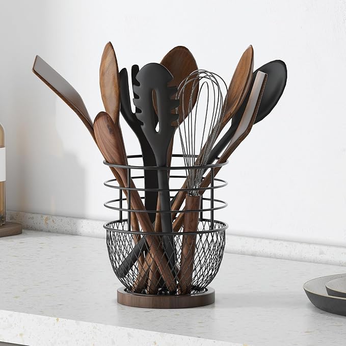 SODSAI 360° Rotating Utensil Holder with Premium Wooden Base, Large Iron Kitchen Organizer for Countertop, Farmhouse & Modern Style Kitchen Storage Basket