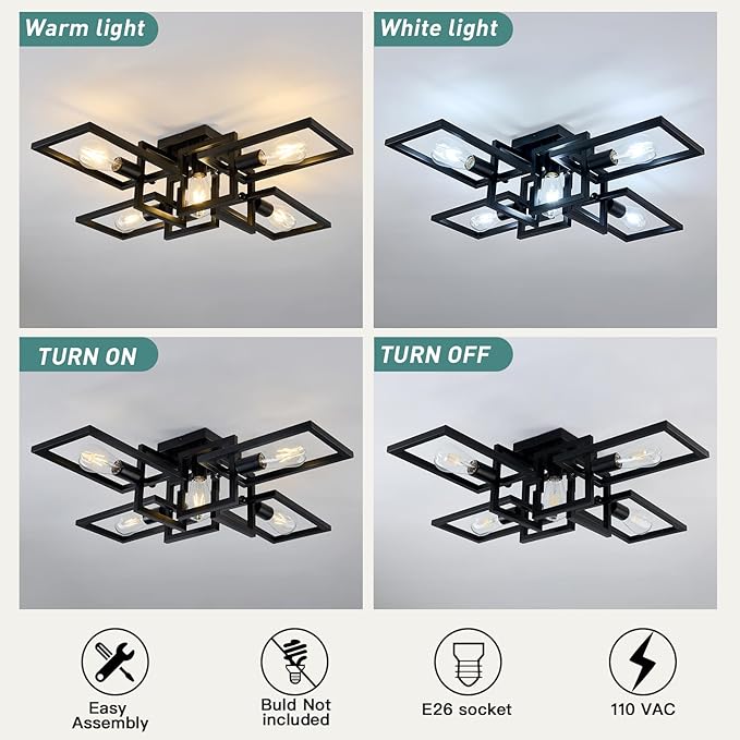 ZGLAOJT Black Industrial Semi Flush Mount Ceiling Light 5-Light Kitchen Light Fixtures Modern Large Matte Sputnik Chandelier for Dining Room Bedroom Farmhouse Living Room