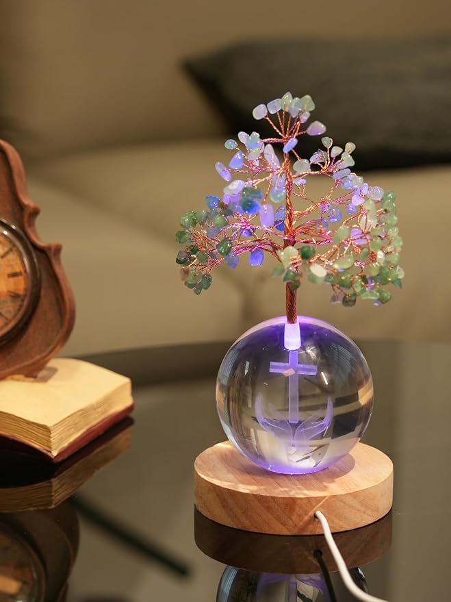 Crystal Tree of Life for Positive Energy, Chakra Healing Tree with Remote Control Multicolor Night Light for Home Decor, Office Desk Decor, Religious Gifts for Women Men (Cross & Hands)