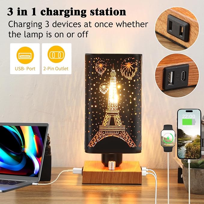 Industrial Table Lamp Sets of 2 with USB Ports and Outlet, Rustic Dimmable Bedside lamp with Charging Station, Metal Square Shadow Nightstand Lamp for Bedroom Living Room End Tables