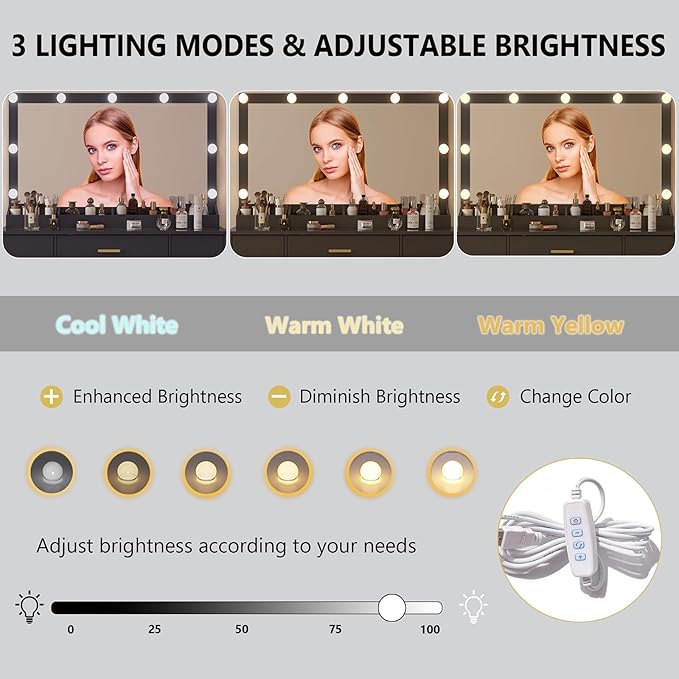 44" Vanity Desk with 38" Large Mirror and 9 LED Lights & Glass Top and Power Outlet, Makeup Vanity Set with Drawers & Chair and RGB Ambient Light, Desk Table for Girls, Modern Black