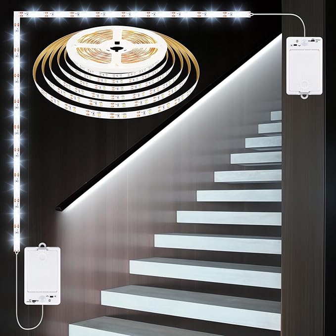 OMIKA Dual Sensor Stair Lights Indoor, Rechargeable 16.4ft LED Strip Light, 150 LEDs Double Motion Activated Under Bed Night Lights for Shelves, Stairway, Closet, Corridor, Bedroom, 6000K Cool White